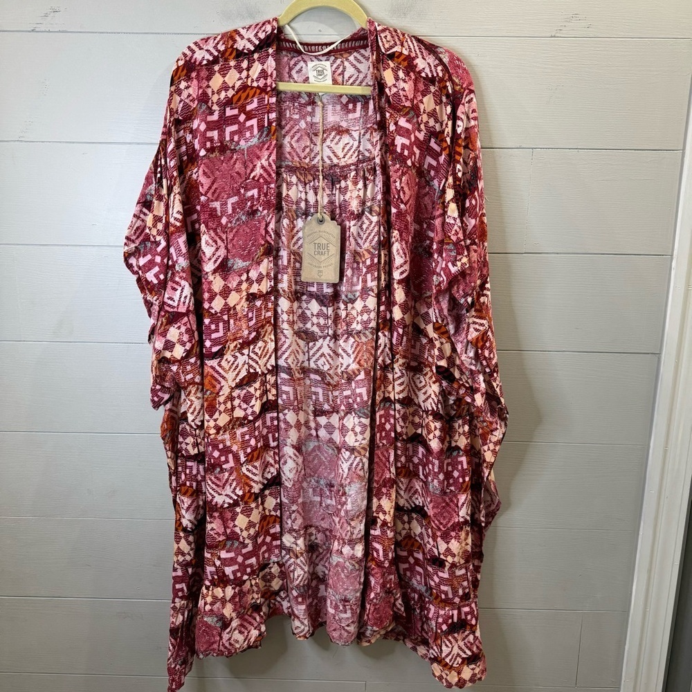 True Craft | NEW Ruffle Hem Printed Chic Bohemian Kimono Cardigan Size Small
